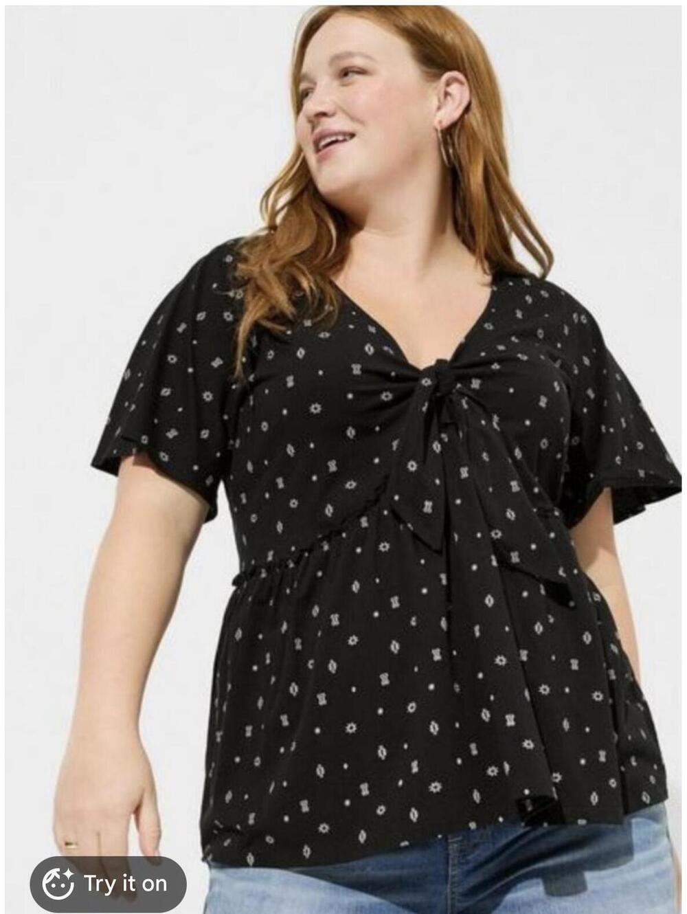 Torrid Vintage Cotton Jersey Babydoll Top Black Boho Tie Front Flutter Sleeve